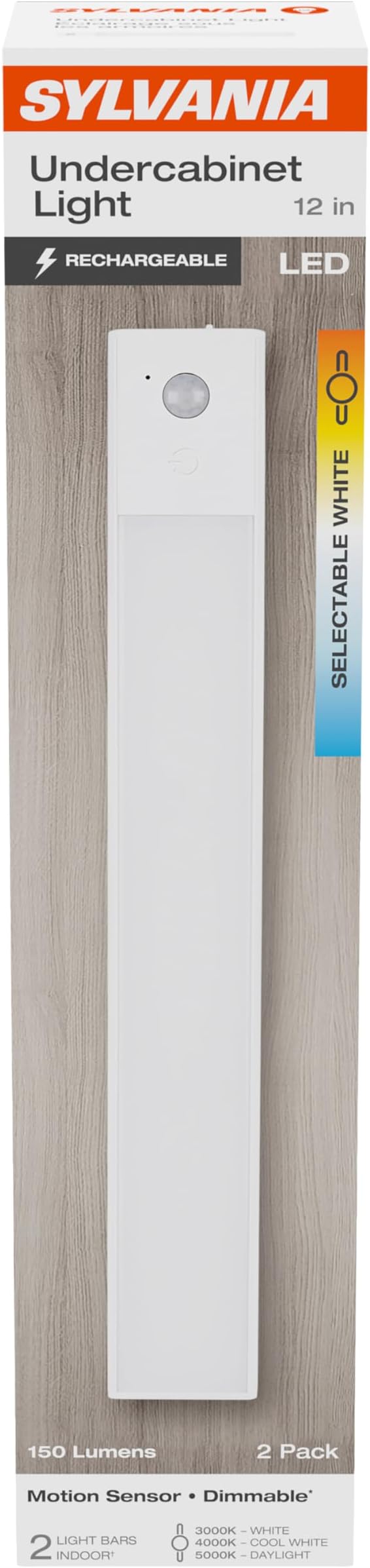 SYLVANIA 12" Under Cabinet Lighting with 2200mAh Rechargeable Battery, LED Motion Sensor, 3 Color Selectable (3000K-5000K), Closet Light/Undercounter Kitchen Light, Magnetic, Dimmable - 2 Pack (66513)