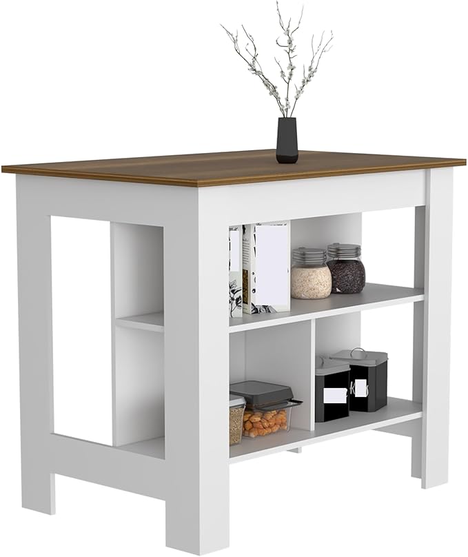 Kitchen Island Kitchen Table 35" H Four Legs with 3 Open Storage Shelves Wide Top for Meal Prep Spacious Leg Room Practical(Brown White)