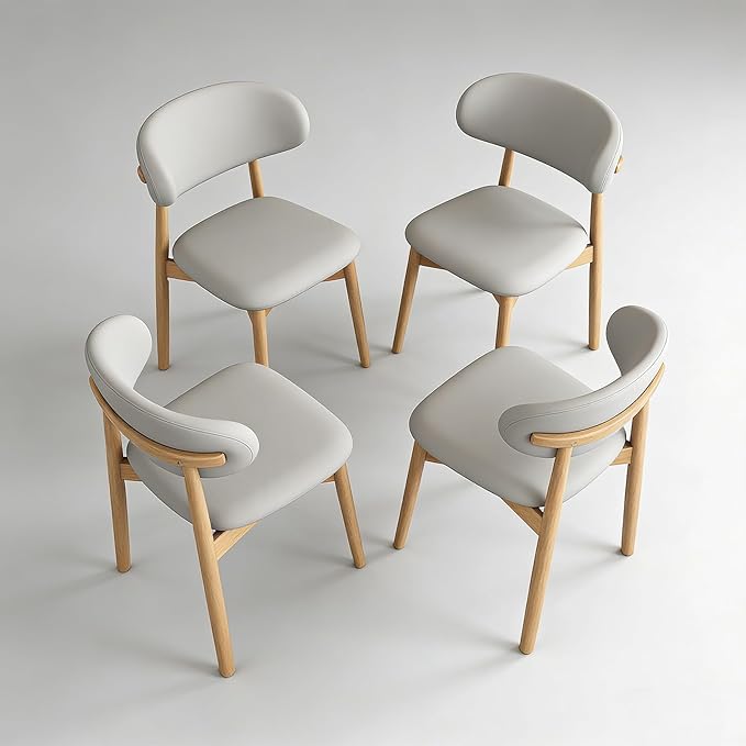 Upholstered Dining Chairs Set of 4, Kitchen Chairs with Solid Wooden Frame Leather Padded Seat, Modern Farmhouse Decor Dining Room Chair for Home Office Living Room Vanity,Natural/Gray Leather