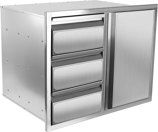 Outdoor Kitchen Drawer Combo, Stainless Steel Sealed Storage Combo with Triple Drawers, Outdoor Kitchen for BBQ Island, Grilling Station, Outside Cabinet (27.8" W x 21.8"D x 19.6" H)（Left Drawer）