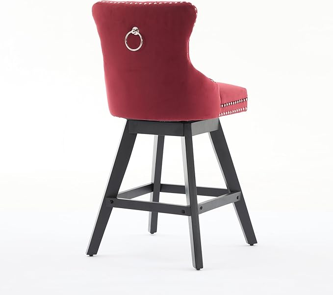 Swivel Velvet Bar Stools Set of 2 Wine Red | 360° Swivel Counter Chairs with Button Tufting, Padded Foam and Spring Seat, Curved Back Support, Solid Rubber Wood Legs for Kitchen Island