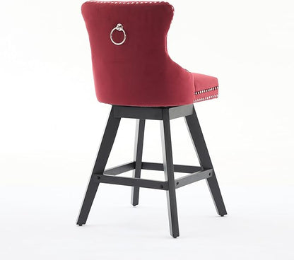 Swivel Velvet Bar Stools Set of 2 Wine Red | 360° Swivel Counter Chairs with Button Tufting, Padded Foam and Spring Seat, Curved Back Support, Solid Rubber Wood Legs for Kitchen Island