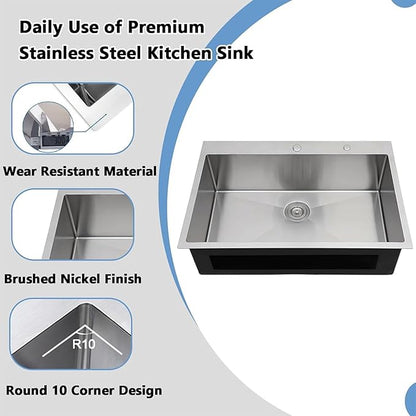 VAPSINT 33x22 Drop In Kitchen Sink, 33 Inch Stainless Steel Top Mount Single Bowl Sink for Kitchen, Overmount Handmade 16 Gauge Brushed Nickel RV Laundry Prep Sinks with Drain