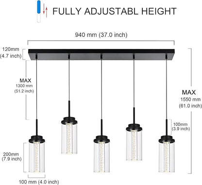 MELUCEE Modern Chandelier for Dining Room 5-Light Dimmable LED Pendant Light with Clear Glass Shade, 3000K-6000K Adjustable Color Temperature Linear Island Lights for Kitchen Dining Table, 25W, Black