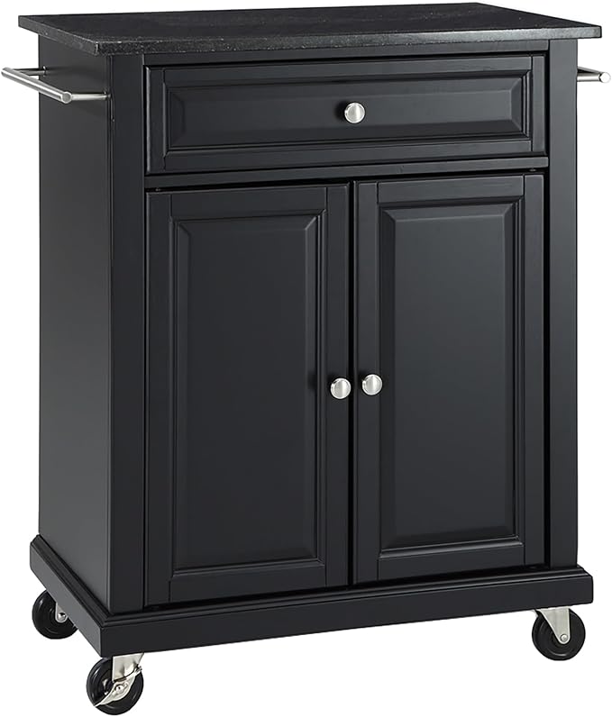 Crosley Furniture Compact Granite Top Small Rolling Cart with Shelves, Microwave Stand with Towel Rack, Black