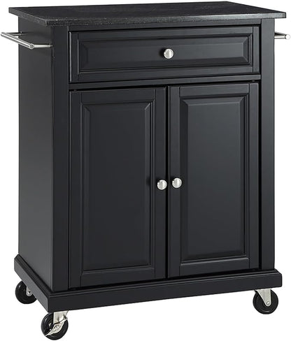 Crosley Furniture Compact Granite Top Small Rolling Cart with Shelves, Microwave Stand with Towel Rack, Black