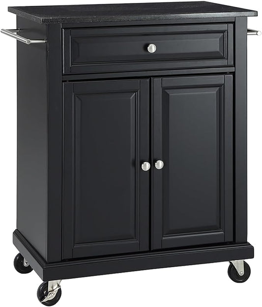Crosley Furniture Compact Granite Top Small Rolling Cart with Shelves, Microwave Stand with Towel Rack, Black