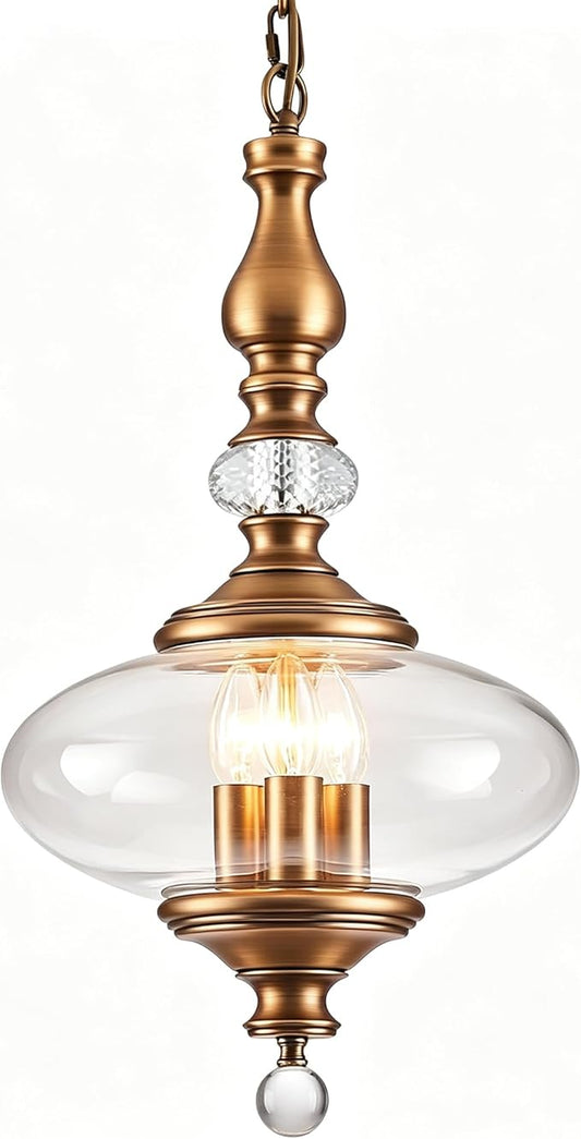 Vintage Kitchen Island Pendant Light Antique Brushed Brass Glass Chandelier for Living Room Dining Room Bedroom, W 11.8 in. H 23.6 in.