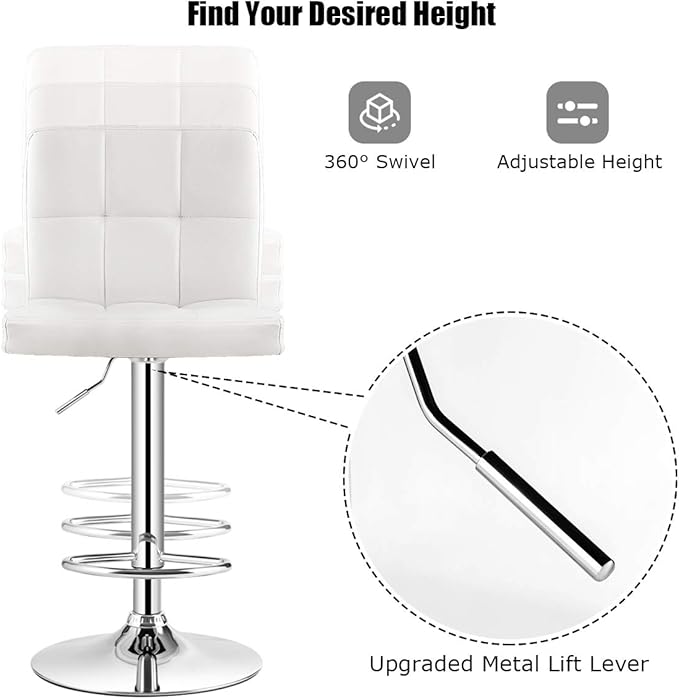 COSTWAY Adjustable Bar Stools Set of 2, Modern Swivel PU Leather Bar Chair with Backrest, Soft Cushioned Seat, Footrest, Sturdy Metal Frame, Comfortable Barstools for Kitchen Island, Pub, White
