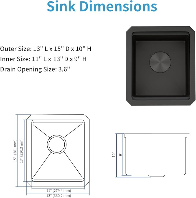 LQS Undermount Wet Bar Sink Black, Undermount Bar Sink Stainless Steel 13" x 15", Small 10" Deep Single Bowl Kitchen Sinks, Smart Workstation Ledge With Cutting Board For RV, Outdoor and Prep Use