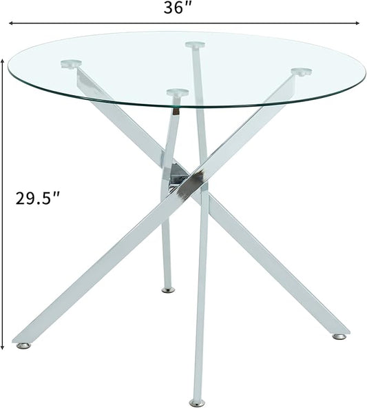 Round Dining Table, 36 Inch Glass Kitchen Table for 4 People, Tempered Glass Dinner Room Table with Black X Metal Legs, Modern Circle Small Coffee Table for Home Dining Room Kitchen Restaurant