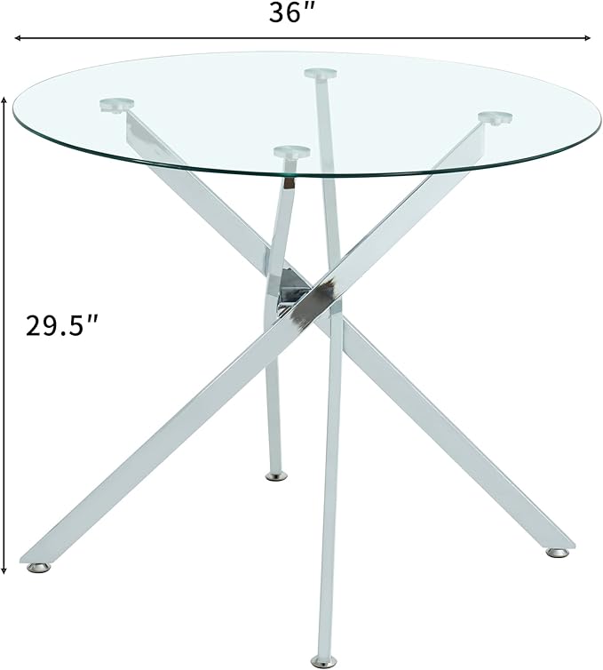 Glass Dining Table,36'' Round Dining Kitchen Table,Modern X-Design Dining Room Table with Silver Metal Base for Dining Room