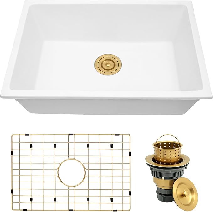 Rhbamoa White Undermount Kitchen Sink 28 inch,White Granite Composite Sink 28''x18'',9 inch Deep Quartz Sinks with Gold Accessories