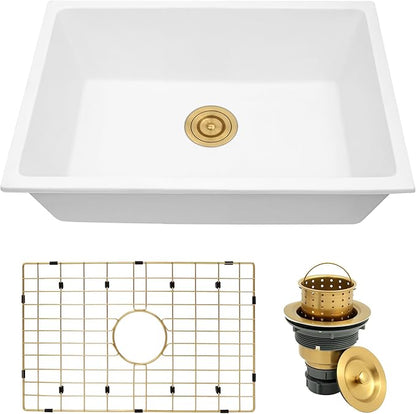 Rhbamoa White Undermount Kitchen Sink 28 inch,White Granite Composite Sink 28''x18'',9 inch Deep Quartz Sinks with Gold Accessories