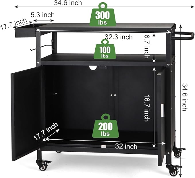 Outdoor Grill Cart with Storage Cabinet, Pizza Oven Stand Table with Wheels for Outside, Patio, Kitchen, Movable Outdoor Food Prep Table for Grill, BBQ