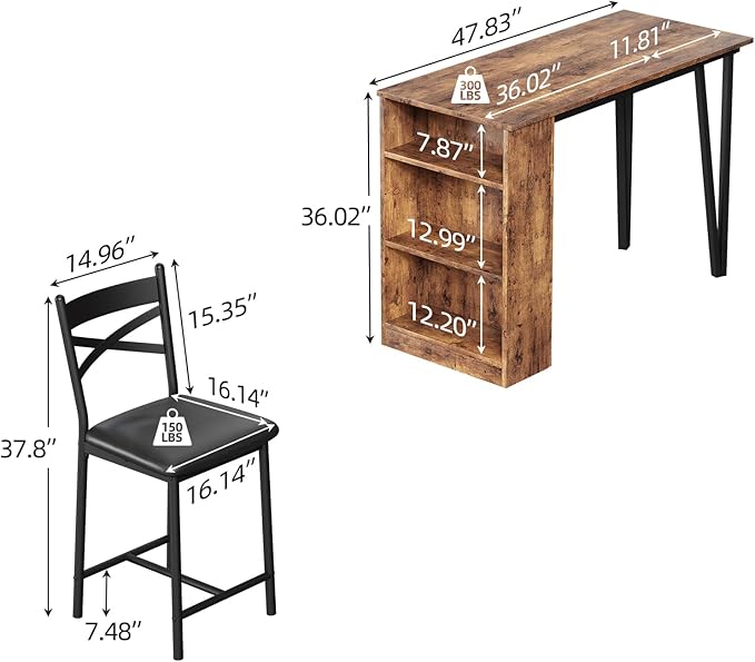 3-Piece Bar Table and Chairs Set, Extendable Kitchen Island with Storage Shelves, Counter Height Dining Table for Small Spaces, 2 Cushioned Bar Stools Included, Vintage Finish
