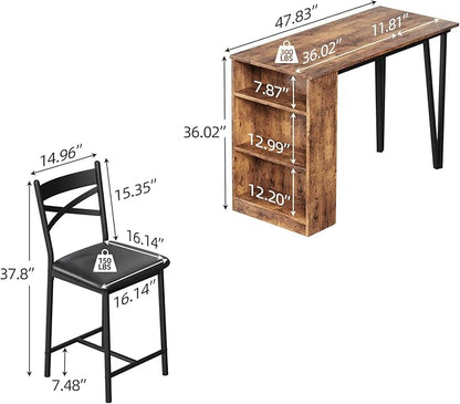 3-Piece Bar Table and Chairs Set, Extendable Kitchen Island with Storage Shelves, Counter Height Dining Table for Small Spaces, 2 Cushioned Bar Stools Included, Vintage Finish