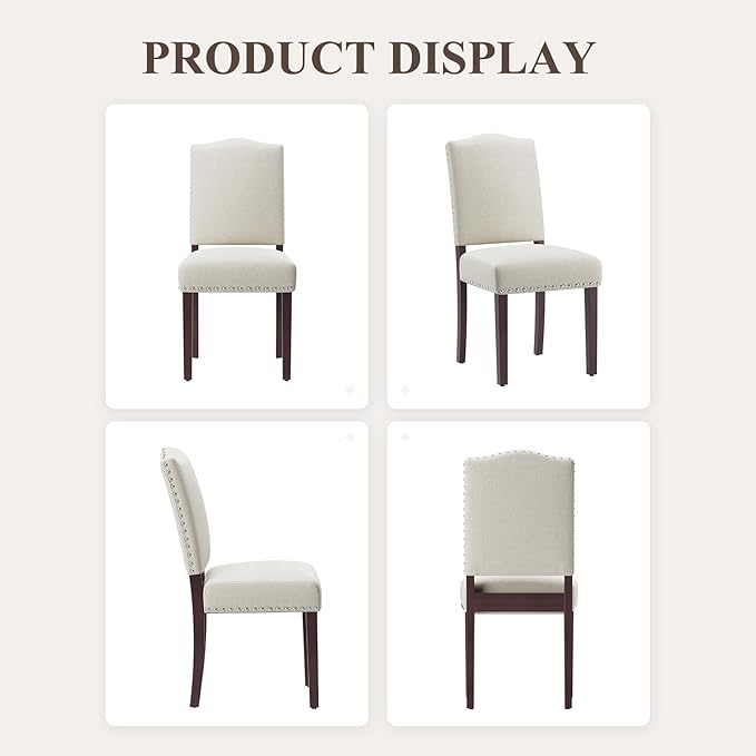 Upholstered Parsons Dining Chairs Set of 4, Modern Dining Room Chairs with Back, Fabric Kitchen Side Chairs with Wood Legs, Nailhead Trim for Dinner Farmhouse Restaurant, Beige