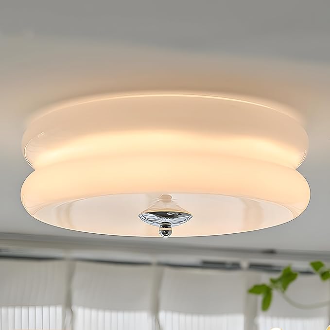 Bofea-Modern Glass Flush Mount Ceiling Light Milk Glass Schoolhouse Lights Fixtures LED Flush Mount Light for Bathroom Chrome Hallway Lamp Round Ceiling Lights for Bedroom Kitchen
