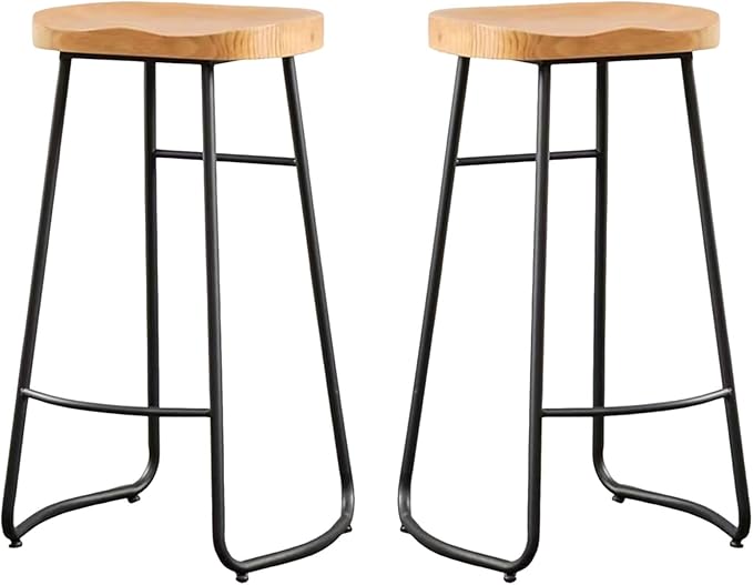 Rustic Backless Solid Wood Stools Set of 2, 45/65/75cm Counter Height stools with Metal Leg and Footrest, Chairs for Kitchen Island Dining Room,Black Legs-75cm