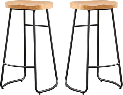 Rustic Backless Solid Wood Stools Set of 2, 45/65/75cm Counter Height stools with Metal Leg and Footrest, Chairs for Kitchen Island Dining Room,Black Legs-75cm