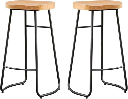 Rustic Backless Solid Wood Stools Set of 2, 45/65/75cm Counter Height stools with Metal Leg and Footrest, Chairs for Kitchen Island Dining Room,Black Legs-75cm