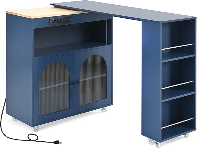 Rolling Kitchen Island with Extended Table and Power Outlets 2 Fluted Glass Doors Storage Compartment 3 Side Open Shelves Practical(Blue)