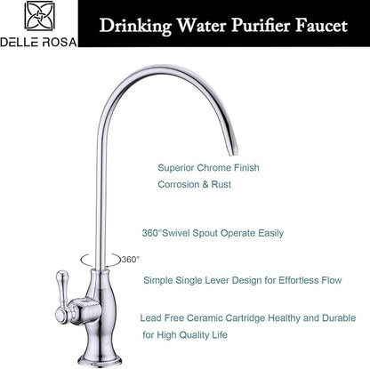 Delle Rosa Drinking Water Purifier Faucet, Commercial Water Filtration Faucets for Under Sink Water Filter System, Modern Stainless Steel Kitchen Bar Sink Drinking Water Faucet, Chrome,Non-Air Gap
