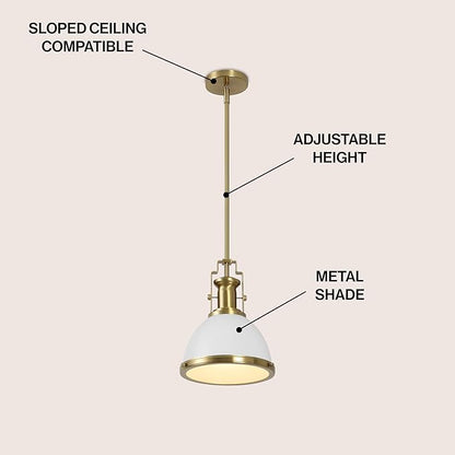 JONATHAN Y 10" Brass Gold/White Modern Industrial Iron LED Dome Pendant Light, Adjustable Hanging Fixture for Kitchen Island or Entryway, Black Metal Shade, LED Bulb Included (JYL9535D)