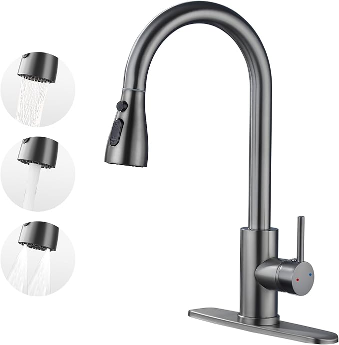 Kitchen Faucet with Pull Down Sprayer，Stainless Steel Single Handle Kitchen Faucet，1/3 Hole, Deck Plate Included，Suitable for farmhouses, Campers, Laundry Rooms, RVs, and Bars (Gun Gray)