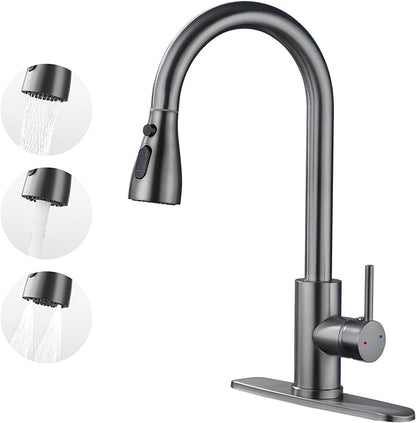 Kitchen Faucet with Pull Down Sprayer，Stainless Steel Single Handle Kitchen Faucet，1/3 Hole, Deck Plate Included，Suitable for farmhouses, Campers, Laundry Rooms, RVs, and Bars (Gun Gray)