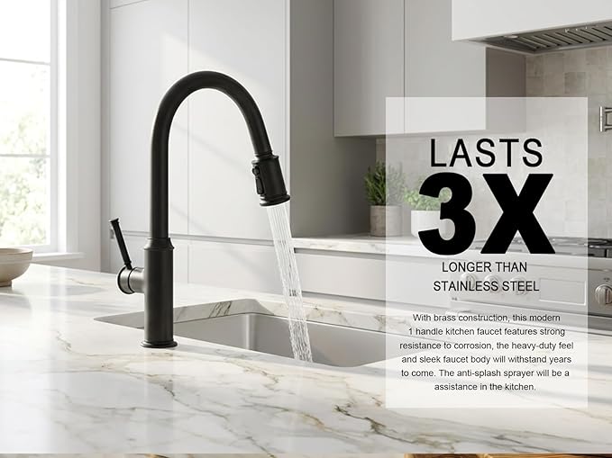 Lava Odoro Curtura Matte Black Kitchen Faucet with Pull-Down Sprayer, Single Handle Kitchen Sink Faucet Black Faucet for Kitchen Sink 1 Hole, Deck Plate Included, 1.8 GPM, KF421-MB