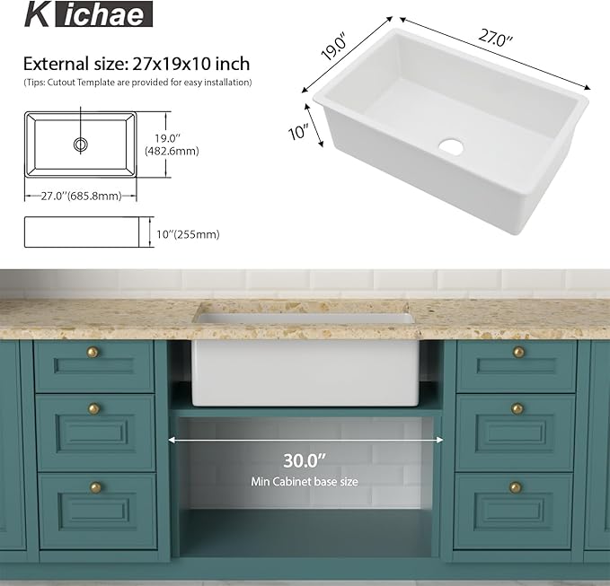 Kichae 27 Inch White Undermount Sink Fireclay 27x19 Inch Dual Drop in & Undermount Kitchen Sink Single Bowl Deep Porcelain Ceramic