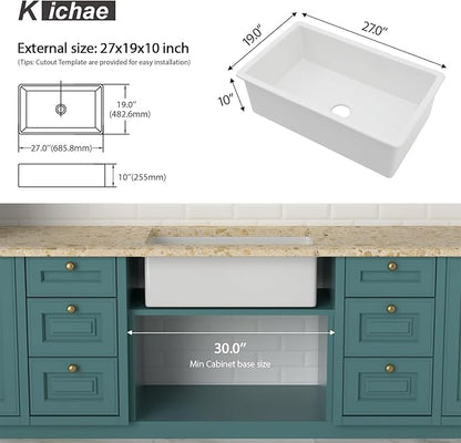 Kichae 27 Inch White Undermount Sink Fireclay 27x19 Inch Dual Drop in & Undermount Kitchen Sink Single Bowl Deep Porcelain Ceramic