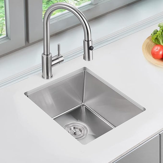 15 x 15 Inch Undermount Kitchen Sink, T-304 Stainless Steel Handmade Single Bowl Kitchen Bar Sink or Prep Small Sink (Brushed)