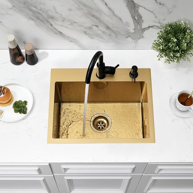 Gold Drop In Bar Sink,20x16 Top Mount Wet Bar Sink Single Bowl 16 Gauge Small Sink Stainless Steel Deep Basin