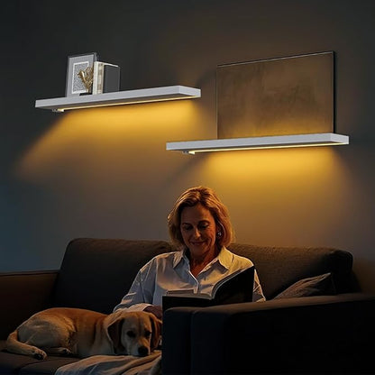 BAMEOS Floating Shelves with Lights, 35" White Wall Mounted Wood Shelves with Invisible Brackets, Set of 2, Display Wall Shelves Decoration for Bedroom, Bathroom, Living Room, Kitchen Storage