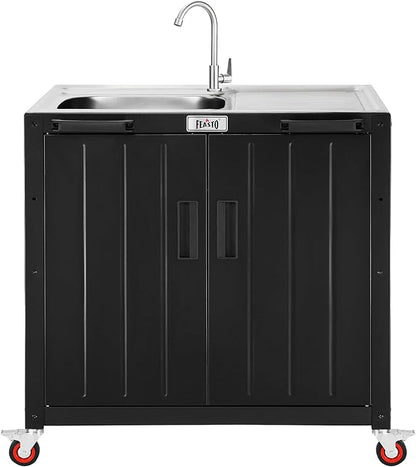 Feasto Outdoor Kitchen Island with Stainless Steel Sink and Storage Cabinet, 35-Inch BBQ Prep Station with Faucet & Lockable Wheels for Patio, Backyard, and Outdoor Cooking, Black & Silver