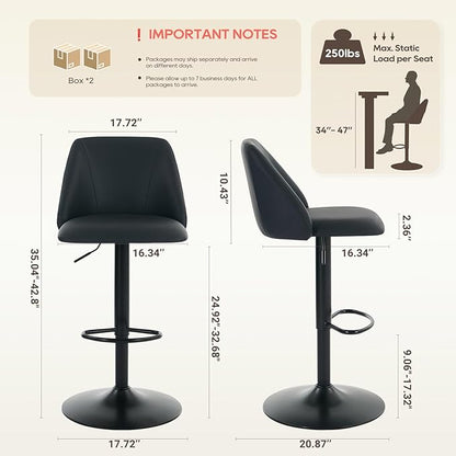COLAMY Bar Stools Set of 3, Modern Swivel Bar Chairs, Adjustable PU Leather Upholstered Barstools Counter Height with Full Backrest for Bar, Dining Room, Kitchen Island, Black