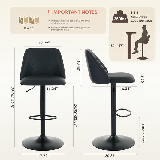 COLAMY Bar Stools Set of 3, Modern Swivel Bar Chairs, Adjustable PU Leather Upholstered Barstools Counter Height with Full Backrest for Bar, Dining Room, Kitchen Island, Black