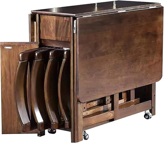 Solid Wood Folding Dining Table with Storage,Rectangular Island Kitchen Table with Drawers,Small Space Drop Leaf Foldable Table with Wheels,Table Only-No Chairs(34.5" D x 51" W x 29.5" H, Glod Brown)