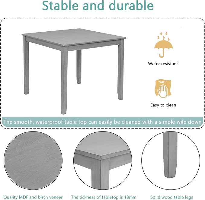 JOSHEN 34" Solid Wood Dining Table, Island Table with Square Top, Rustic Dining Tables with Stable Frame for Kitchen, Gray