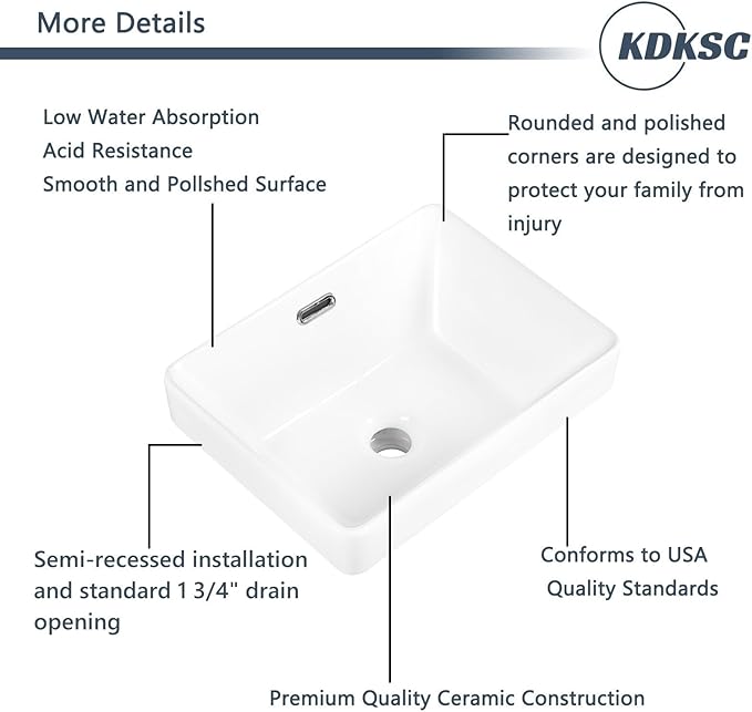 Bathroom Vessel Sink 15.5'' x 11.9'' Small Semi Recessed Bathroom Sink Rectangular Drop In Sink with Overflow White Ceramic Modern Vessel Sinks for Bathroom