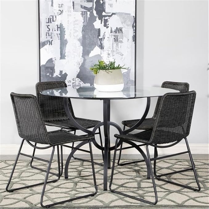 Pemberly Row 48" Round Contemporary Metal Dining Table, Clear Tempered Glass Top, Gunmetal Finish, Stylish Interlocking Ring Base, Chic Transitional Design for Breakfast Nook or Eat-in Kitchen