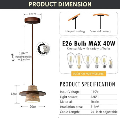 Japanese Wabi sabi Pendant Light with Natural Stone Shade, Dimmable Modern Wood Hanging Lamp Fixture, Adjustable Height Pendant Lamp for Bedroom, Kitchen Island, Dining Room, Restaurant, Cafe, Bar (J)