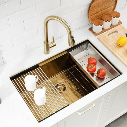 30 Inch Undermount Gold Kitchen Sink, Workstation 16 Gauge Stainless Steel Single Bowl Undermount Deep Kitchen Sink Basin