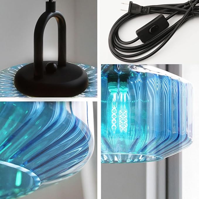 Plug in Hanging Lamp Modern Pendant Light with Plug in Cord Blue Striped Glass Shade Mid Century Pendant Light Fixture Plug in Chandelier Swag Ceiling Lamp for Living Room Bedroom