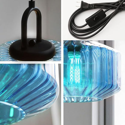 Plug in Hanging Lamp Modern Pendant Light with Plug in Cord Blue Striped Glass Shade Mid Century Pendant Light Fixture Plug in Chandelier Swag Ceiling Lamp for Living Room Bedroom