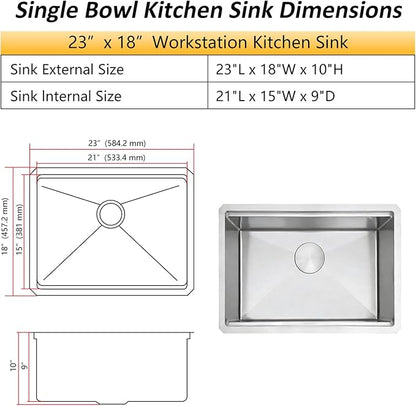Undermount Kitchen Sink,16 Gauge T-304S Stainless Steel Workstation Sinks with Accessories, 23" x 18" x 10" Deep Single Bowl Kitchen Sinks for Outdoor, RV, Wetbar and Bathroom