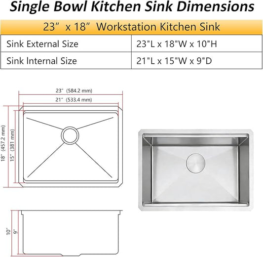 Undermount Kitchen Sink,16 Gauge T-304S Stainless Steel Workstation Sinks with Accessories, 23" x 18" x 10" Deep Single Bowl Kitchen Sinks for Outdoor, RV, Wetbar and Bathroom
